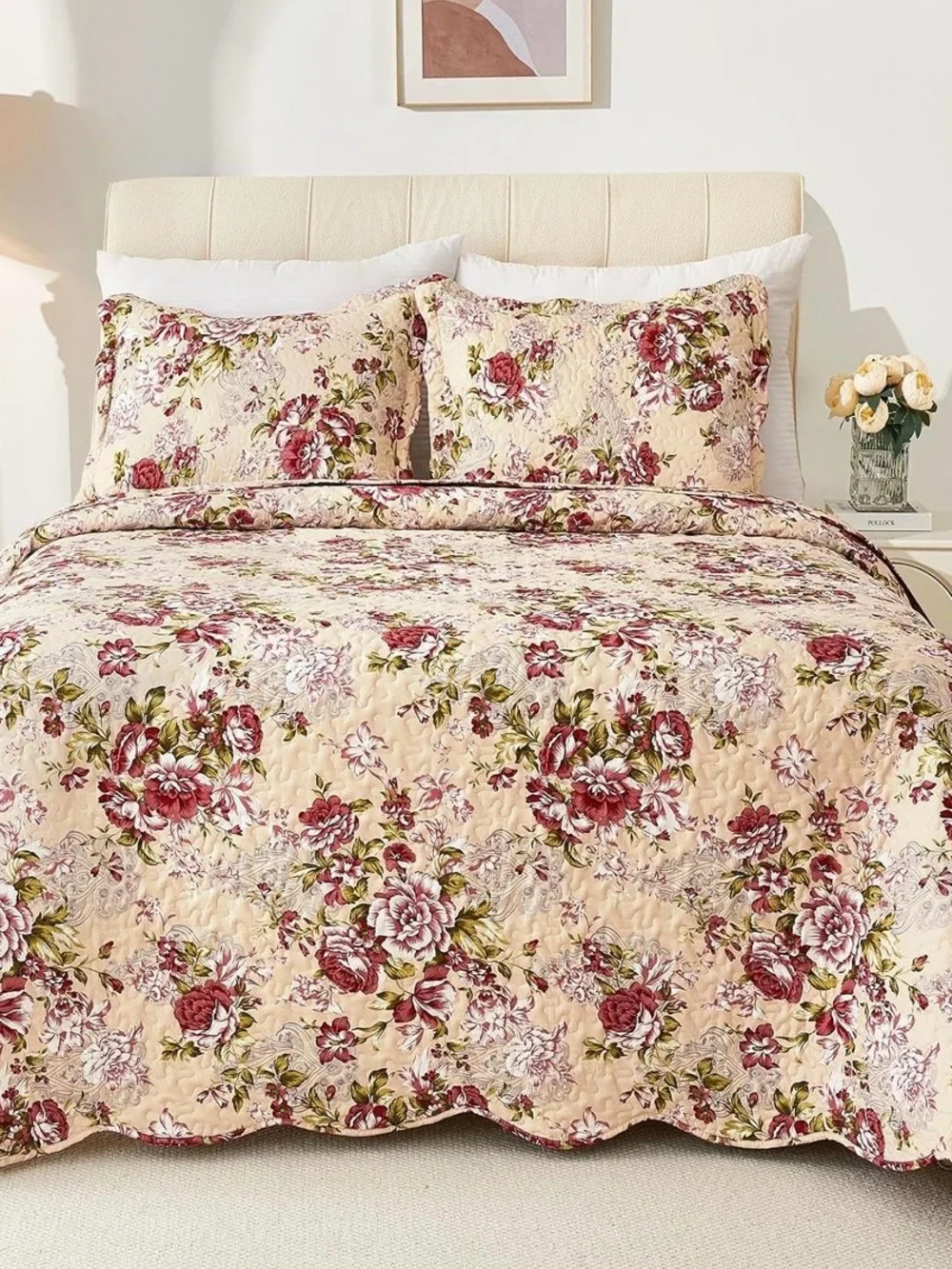 Reversible Floral Quilt in Cream and Burgundy - Elegant Bedroom Bedding